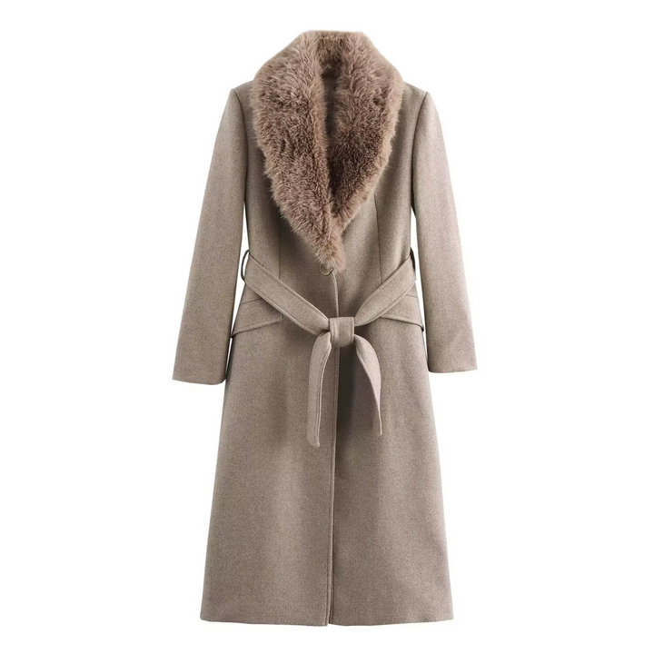 Women's Long Belted Coat with Luxe Faux-Fur Collar - Heston Manor