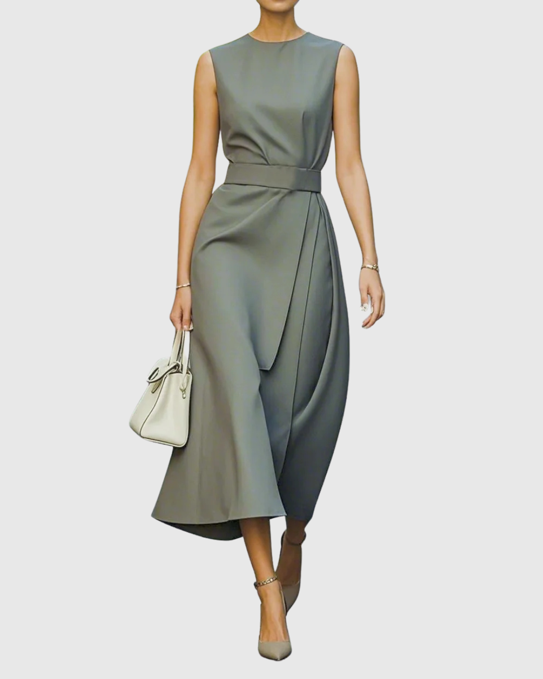 Women's Sleeveless Midi Dress with Draped Skirt and Belted Waist - Heston Manor