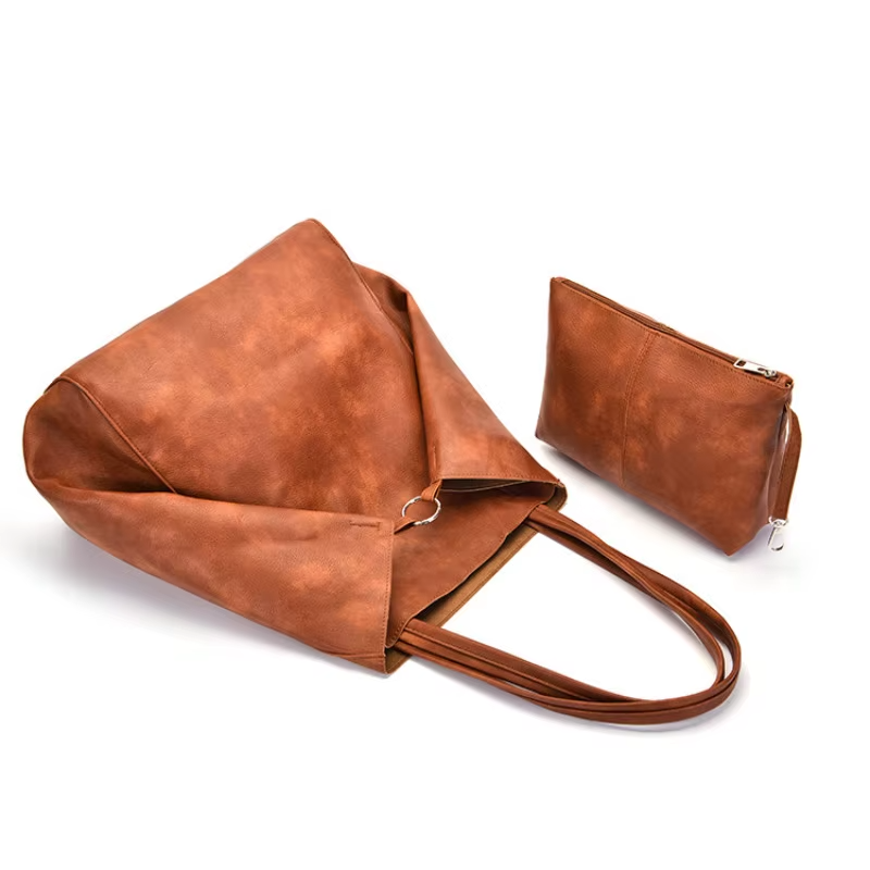 Oversized Faux Leather Tote Bag with Matching Zipper Pouch - Heston Manor