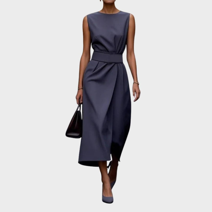 Women's Sleeveless Midi Dress with Draped Skirt and Belted Waist - Heston Manor