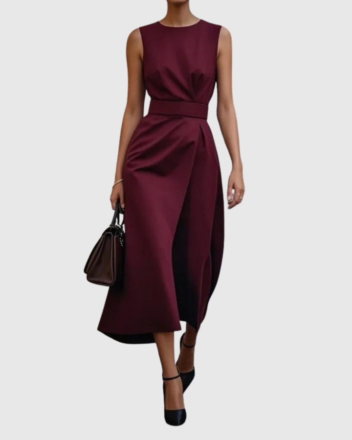 Women's Sleeveless Midi Dress with Draped Skirt and Belted Waist - Heston Manor
