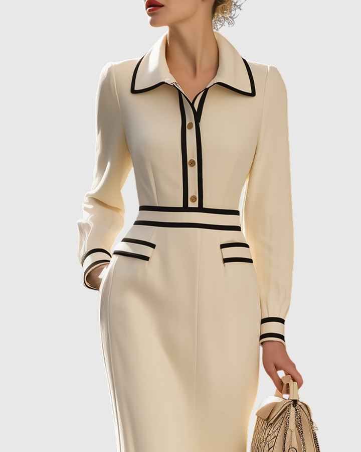 Women's Long Sleeve Midi Dress with Black Contrast Trim - Heston Manor