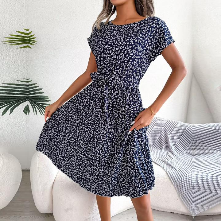 Women's Floral Print Short Sleeve Pleated Midi A-Line Dress - Heston Manor