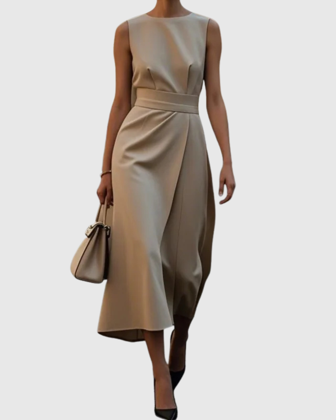 Women's Sleeveless Midi Dress with Draped Skirt and Belted Waist - Heston Manor