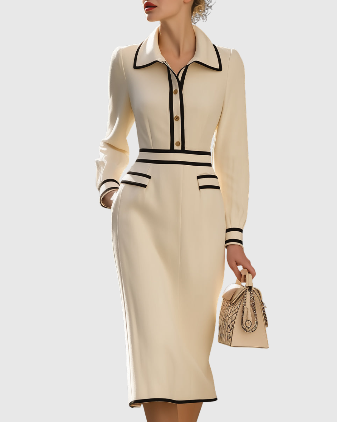 Women's Long Sleeve Midi Dress with Black Contrast Trim - Heston Manor