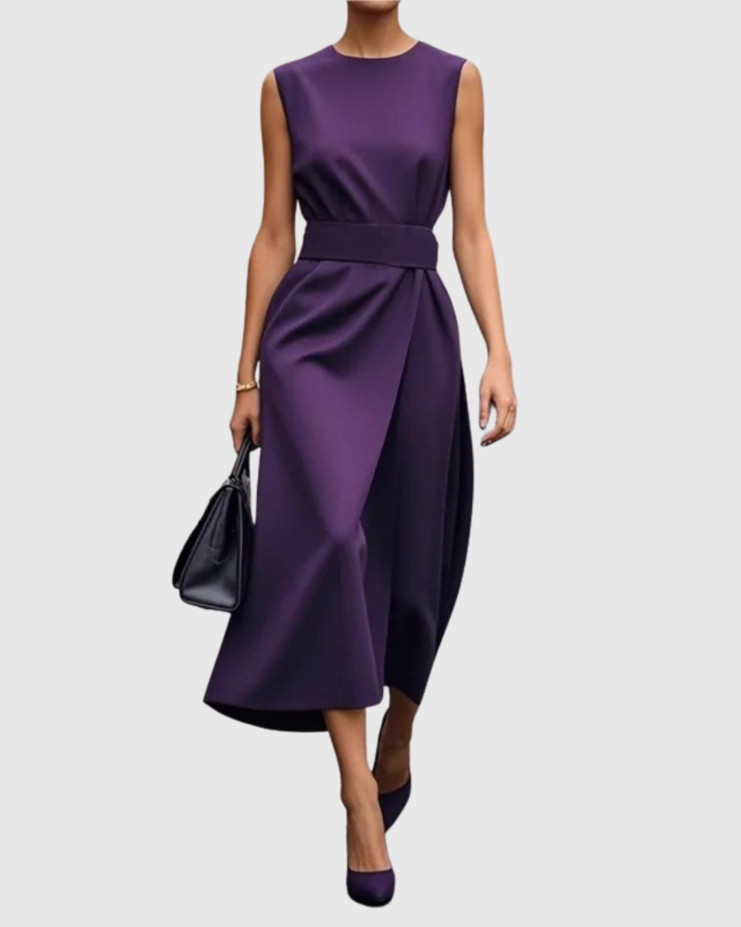 Women's Sleeveless Midi Dress with Draped Skirt and Belted Waist - Heston Manor
