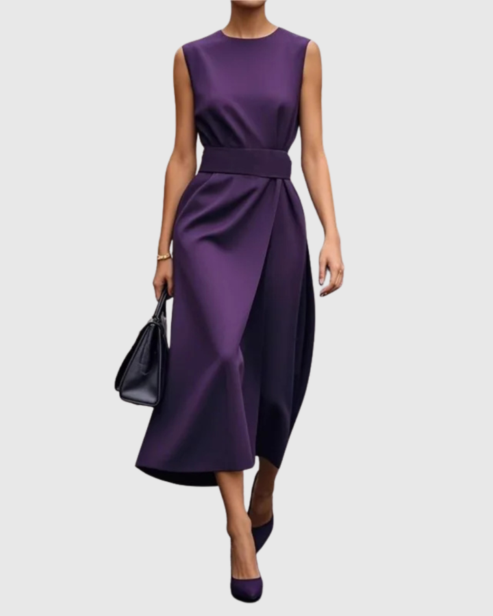 Women's Sleeveless Midi Dress with Draped Skirt and Belted Waist - Heston Manor