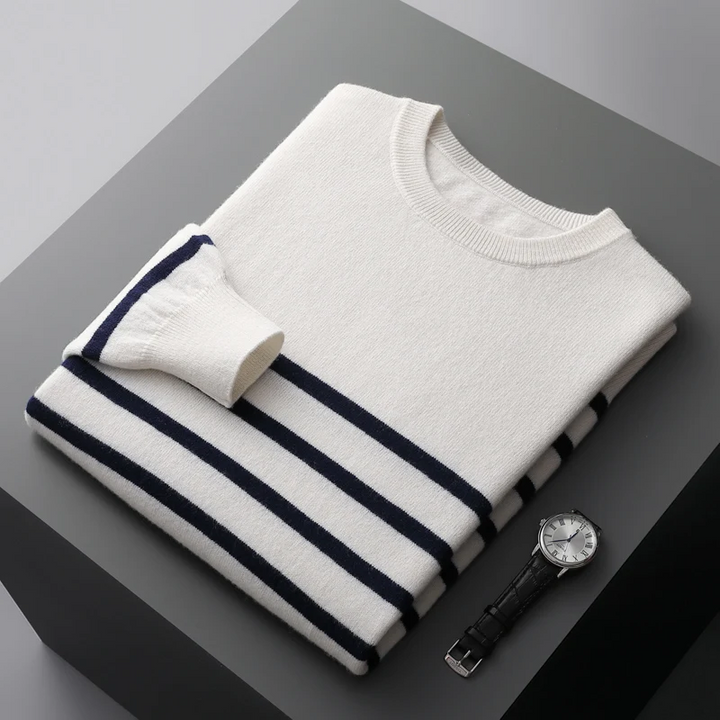 Men’s Navy & White Striped Wool Sweater - Heston Manor
