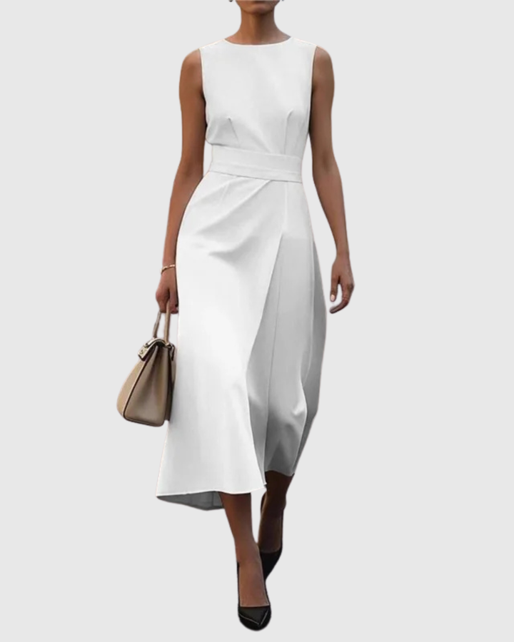 Women's Sleeveless Midi Dress with Draped Skirt and Belted Waist - Heston Manor