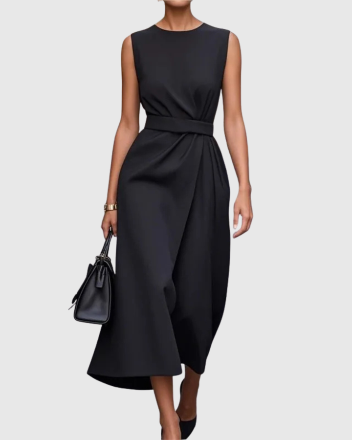 Women's Sleeveless Midi Dress with Draped Skirt and Belted Waist - Heston Manor