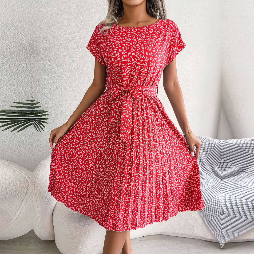 Women's Floral Print Short Sleeve Pleated Midi A-Line Dress - Heston Manor