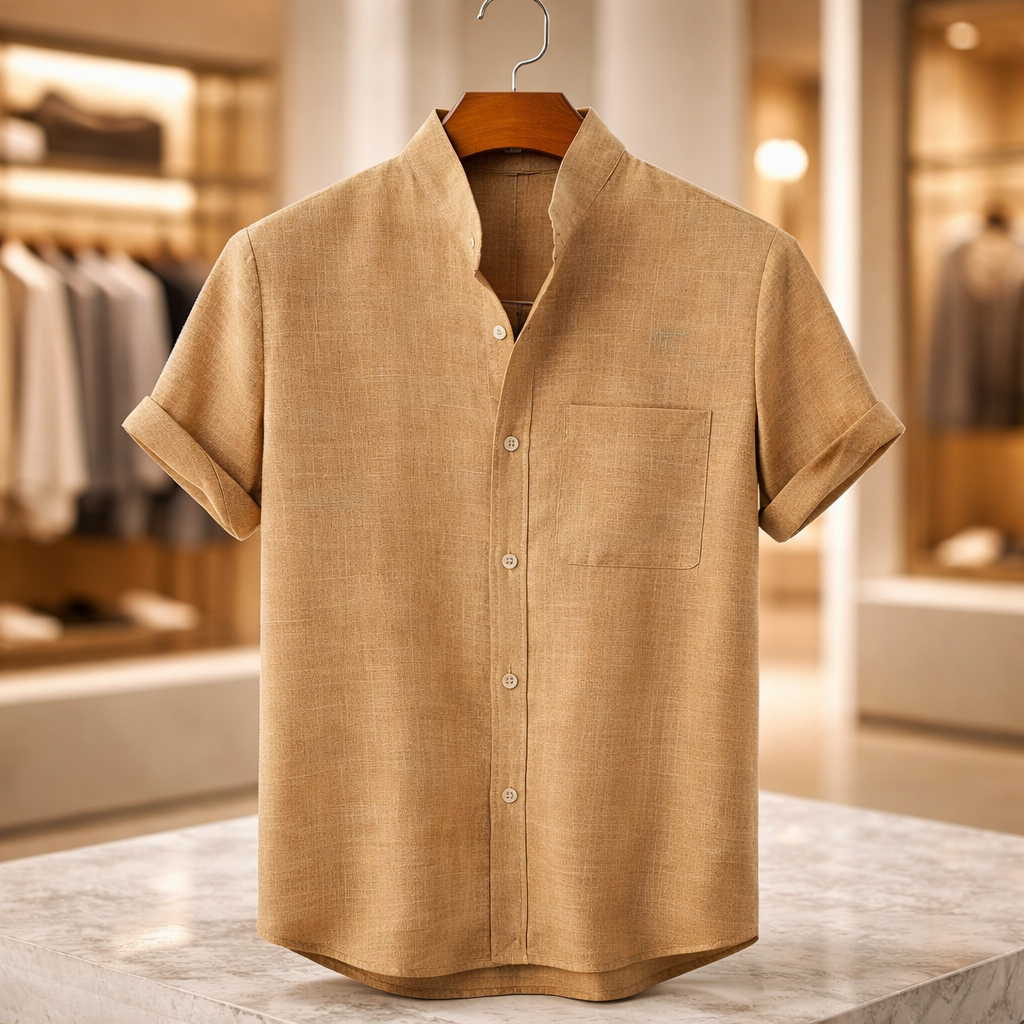Men’s Mandarin Collar Linen Short-Sleeve Shirt - Heston Manor