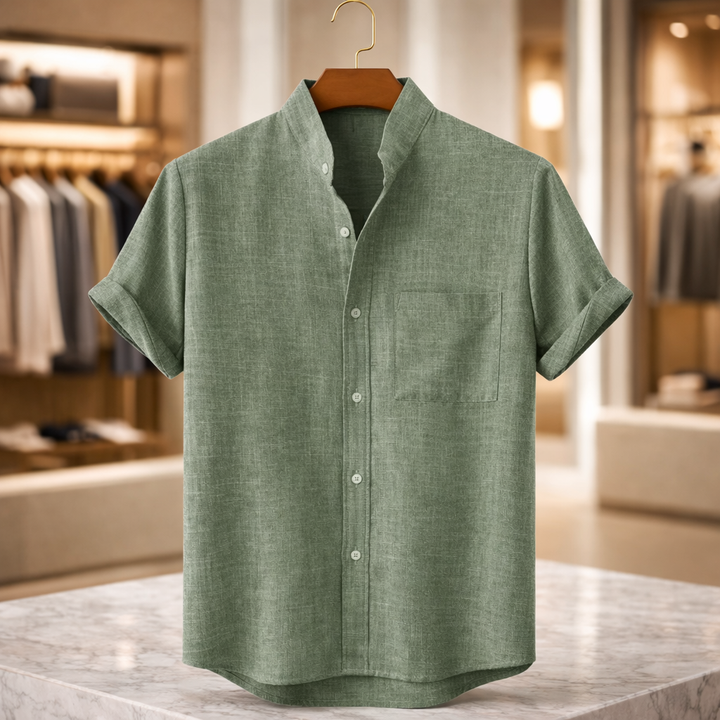 Men’s Mandarin Collar Linen Short-Sleeve Shirt - Heston Manor
