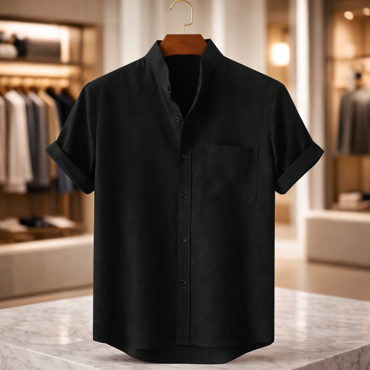 Men’s Mandarin Collar Linen Short-Sleeve Shirt - Heston Manor