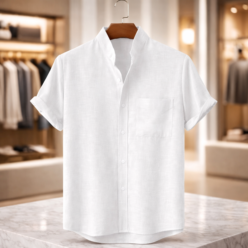 Men’s Mandarin Collar Linen Short-Sleeve Shirt - Heston Manor