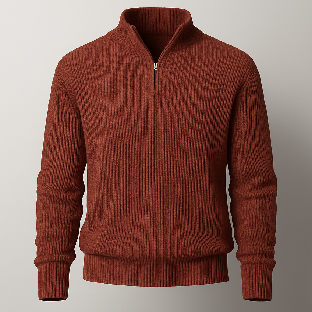 Men’s Brick Red Quarter-Zip Knit Sweater - Heston Manor