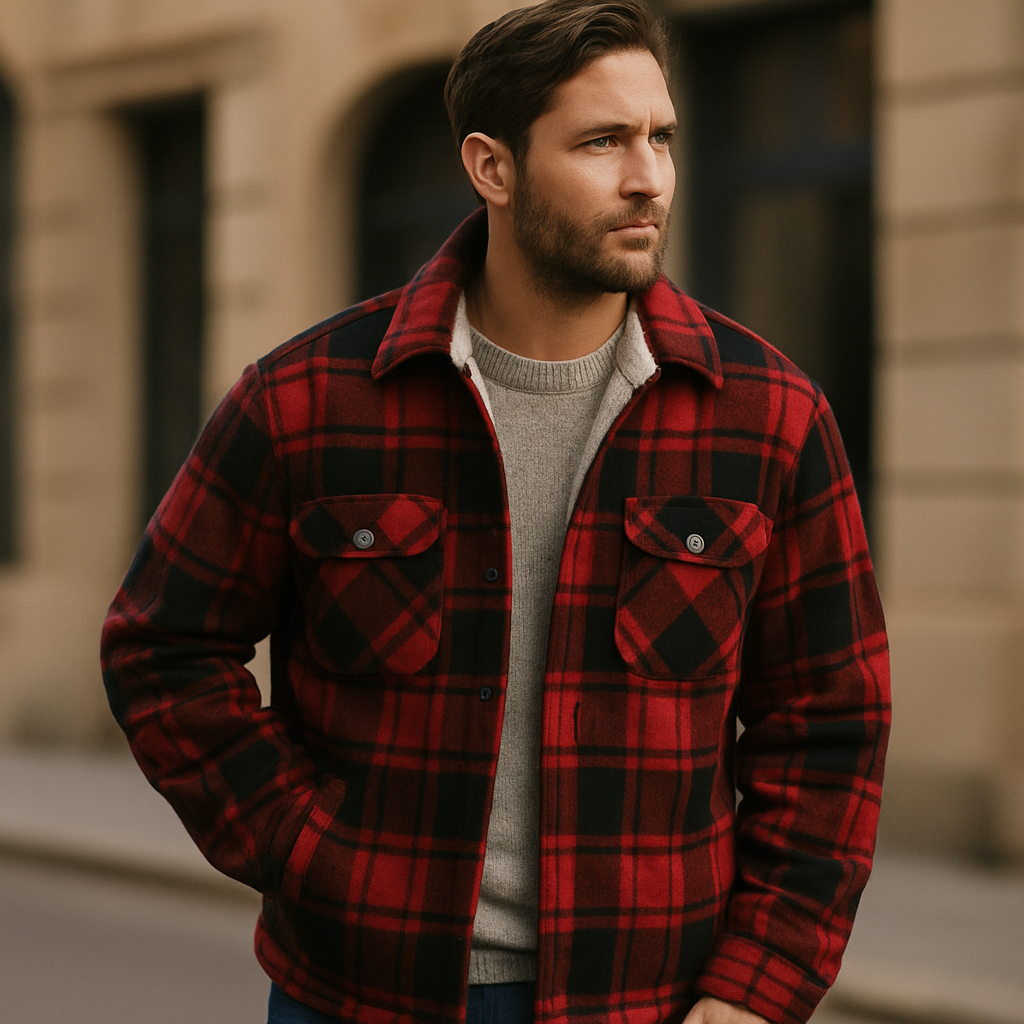 Men’s Red & Black Plaid Fleece-Lined Shirt Jacket - Heston Manor