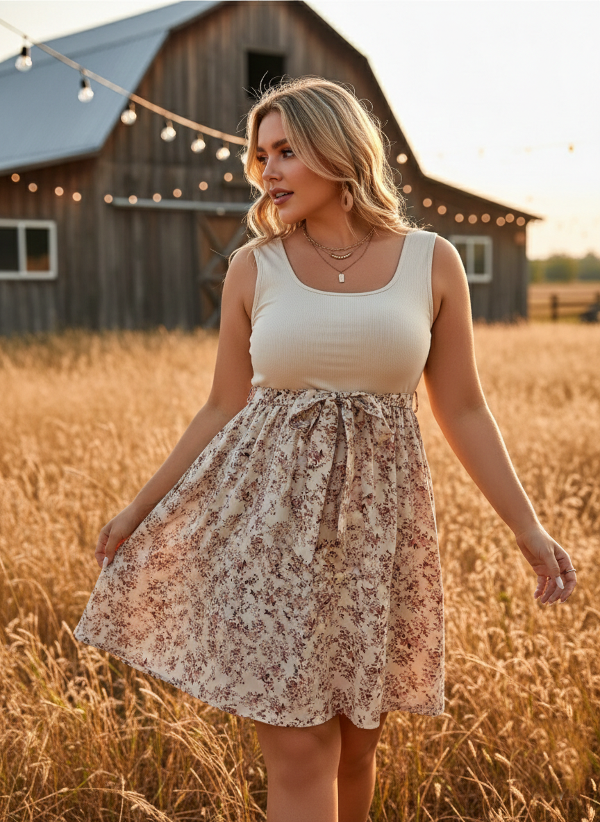 Ribbed Floral Spring Mini Dress with Waist Tie (Plus Size) - Heston Manor