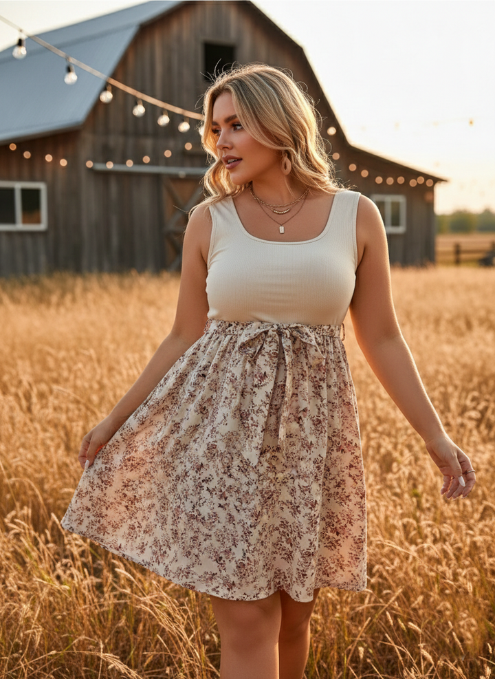 Ribbed Floral Spring Mini Dress with Waist Tie (Plus Size) - Heston Manor