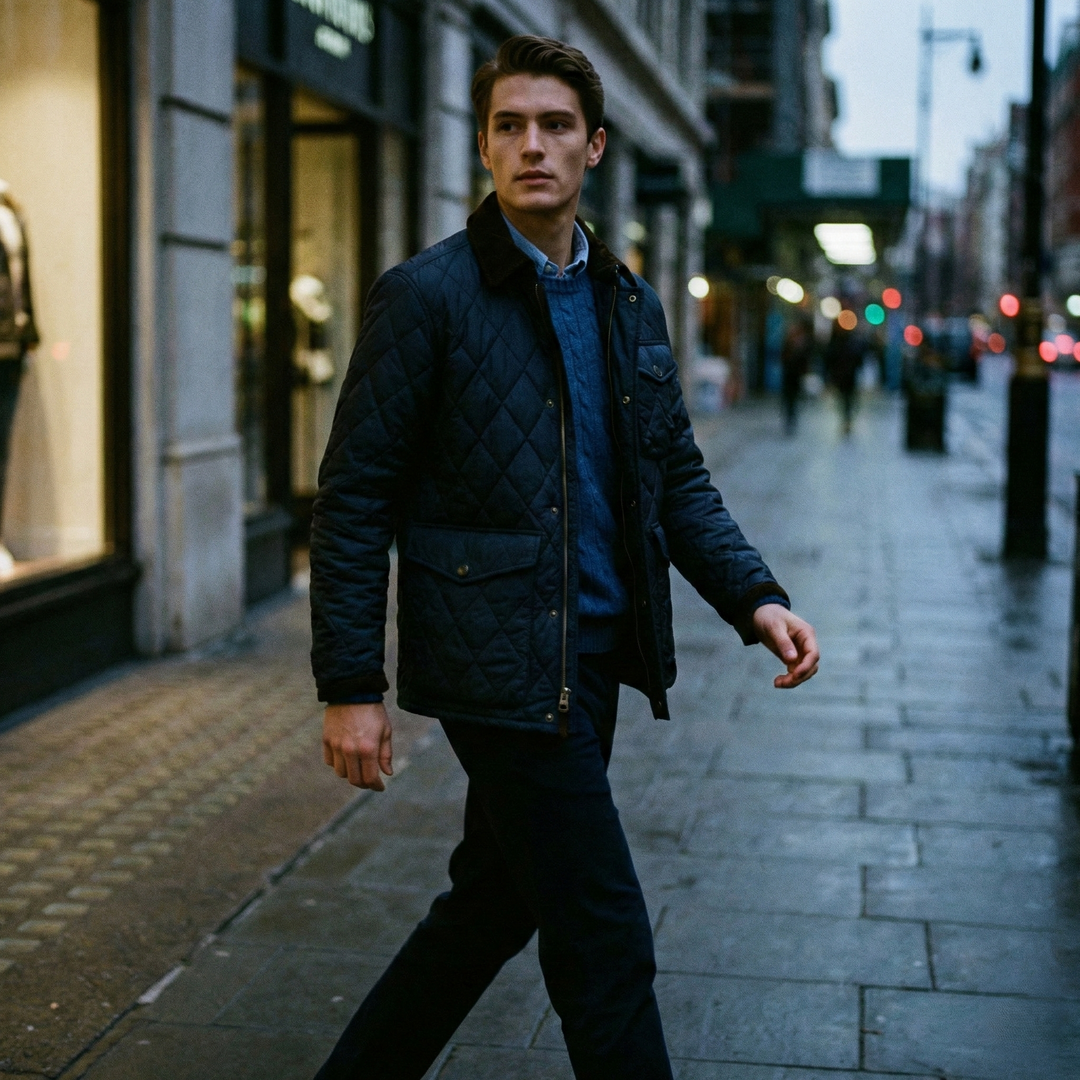 Men’s Navy Quilted Jacket Corduroy Collar - Heston Manor