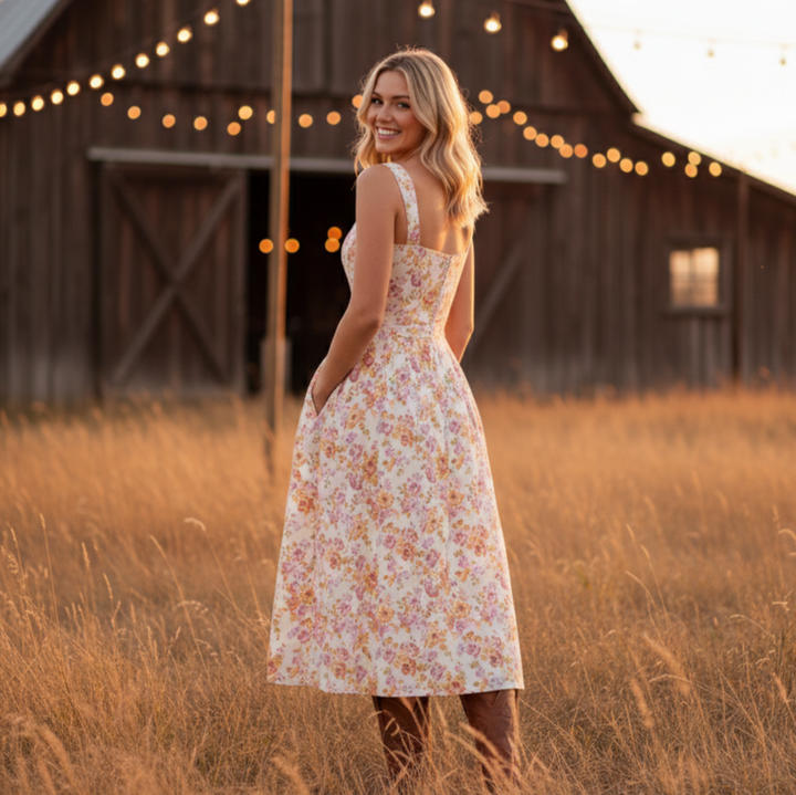 Women's Floral Botanical Corset Midi Dress - Heston Manor
