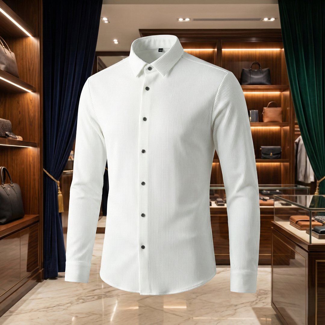 Men’s White Vertical Ribbed Long Sleeve Shirt - Heston Manor