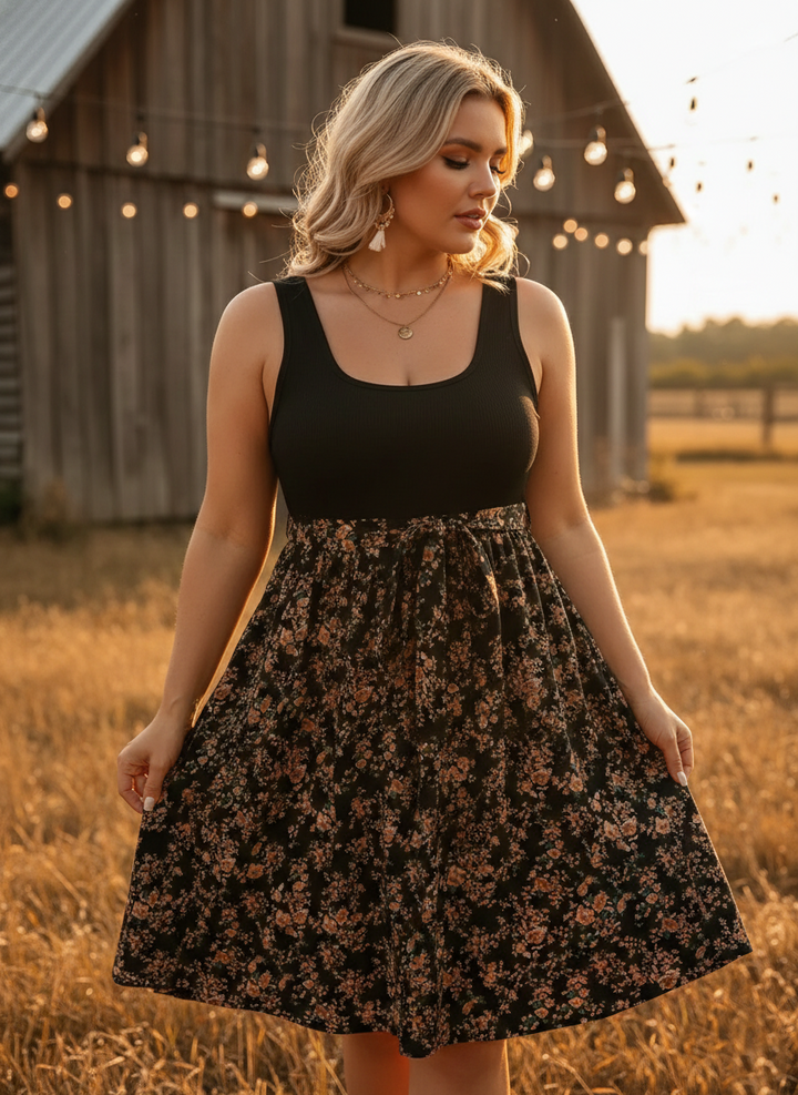 Ribbed Floral Spring Mini Dress with Waist Tie (Plus Size) - Heston Manor