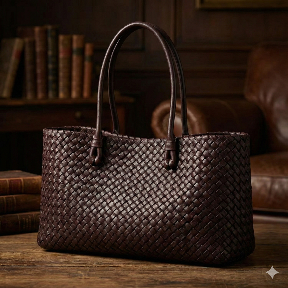 Women’s Dark Brown Woven Leather Handbag - Heston Manor