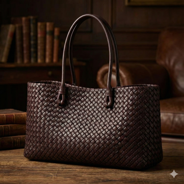 Women’s Dark Brown Woven Leather Handbag - Heston Manor