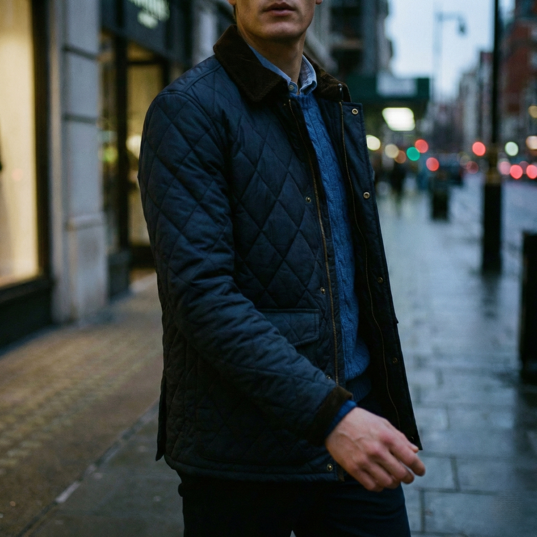 Men’s Navy Quilted Jacket Corduroy Collar - Heston Manor