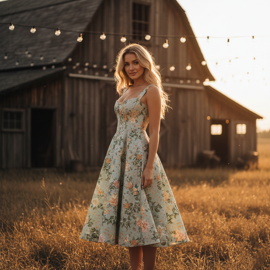 Women's Floral Botanical Corset Midi Dress - Heston Manor