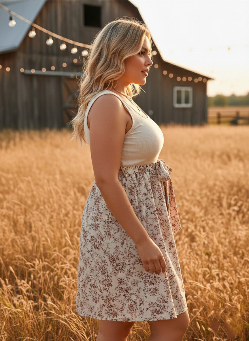 Ribbed Floral Spring Mini Dress with Waist Tie (Plus Size) - Heston Manor