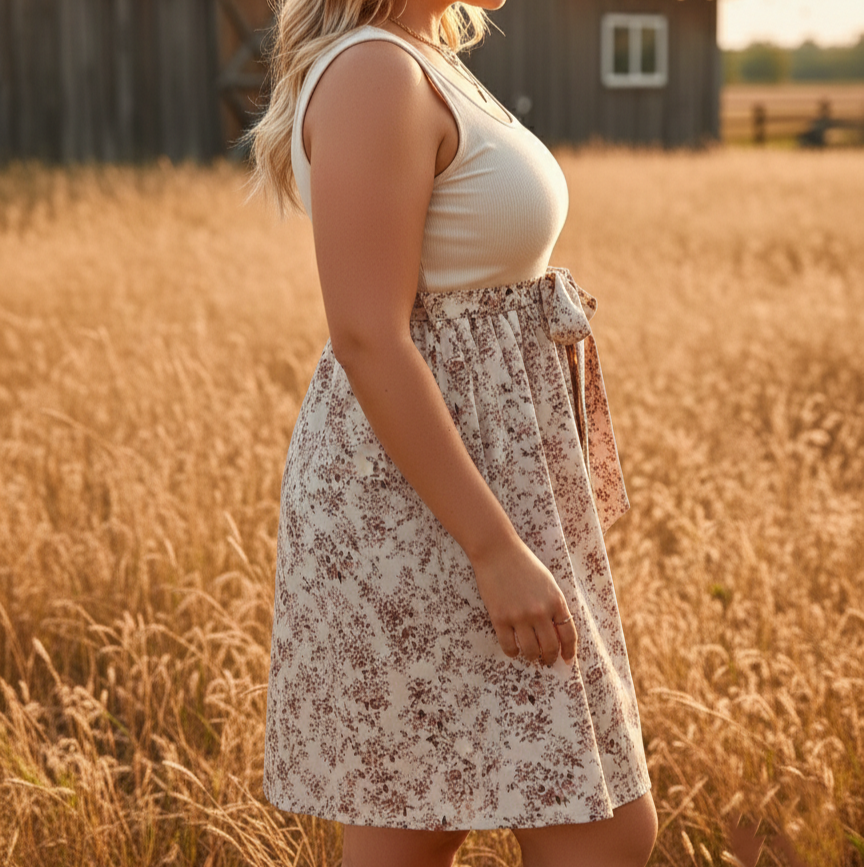 Ribbed Floral Spring Mini Dress with Waist Tie (Plus Size) - Heston Manor