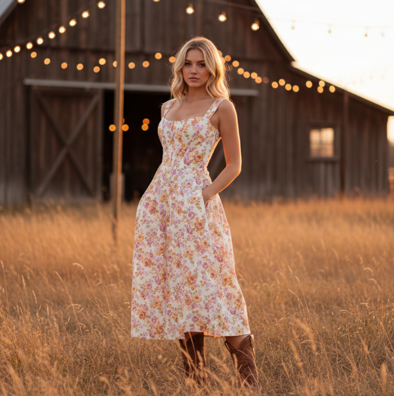 Women's Floral Botanical Corset Midi Dress - Heston Manor