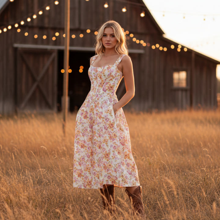 Women's Floral Botanical Corset Midi Dress - Heston Manor