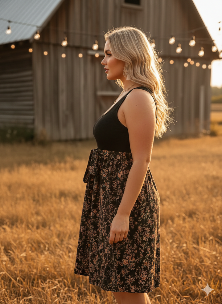 Ribbed Floral Spring Mini Dress with Waist Tie (Plus Size) - Heston Manor