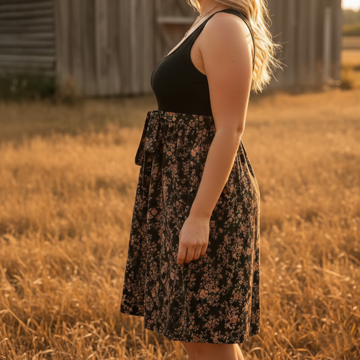 Ribbed Floral Spring Mini Dress with Waist Tie (Plus Size) - Heston Manor