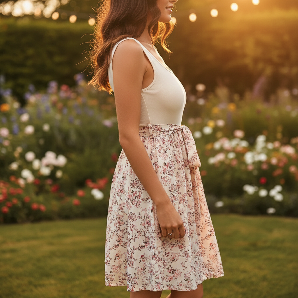Sleeveless Floral A-Line Dress with Scoop Neck and Tie Waist - Heston Manor
