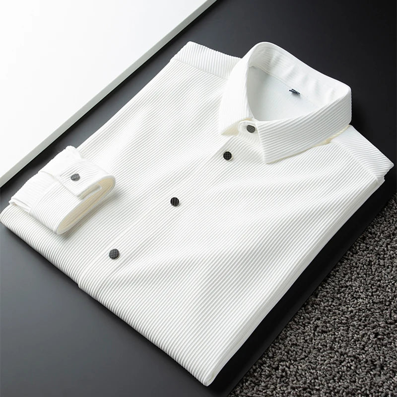 Men’s White Vertical Ribbed Long Sleeve Shirt - Heston Manor