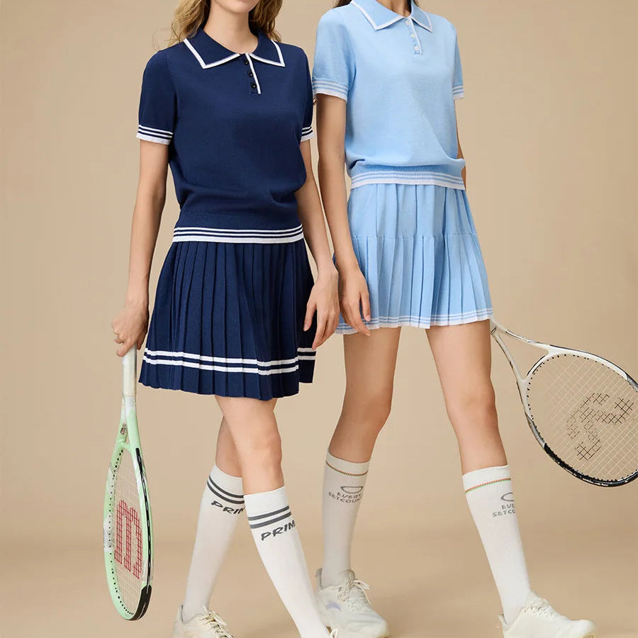 Women’s Navy Knit Two-Piece Tennis Set Polo Collar Pleated Skirt - Heston Manor