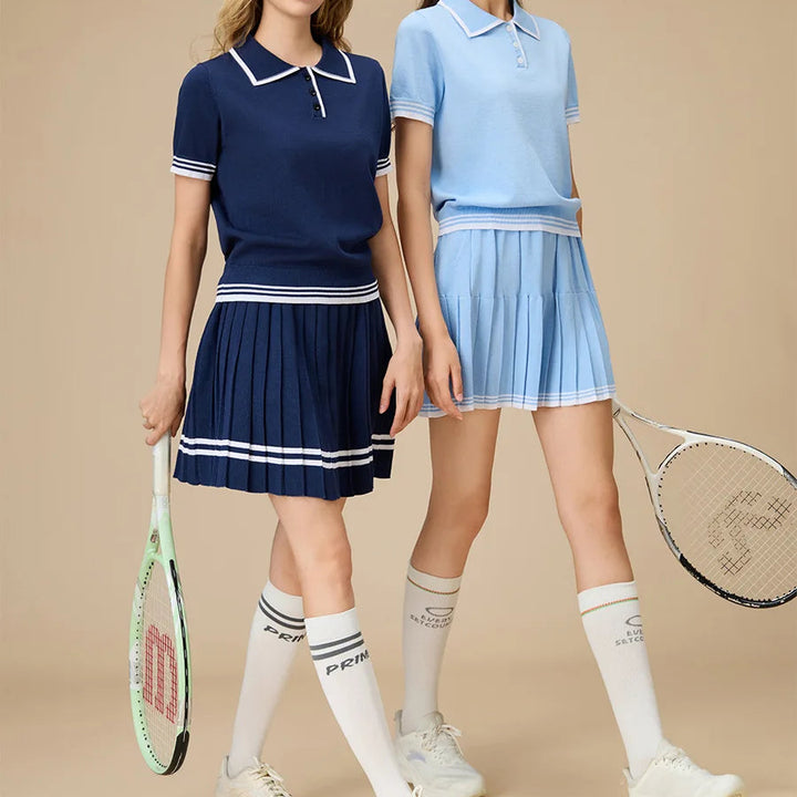 Women’s Navy Knit Two-Piece Tennis Set Polo Collar Pleated Skirt - Heston Manor