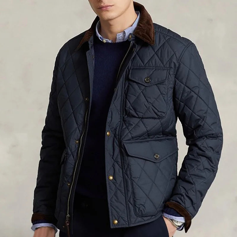 Men’s Navy Quilted Jacket Corduroy Collar - Heston Manor
