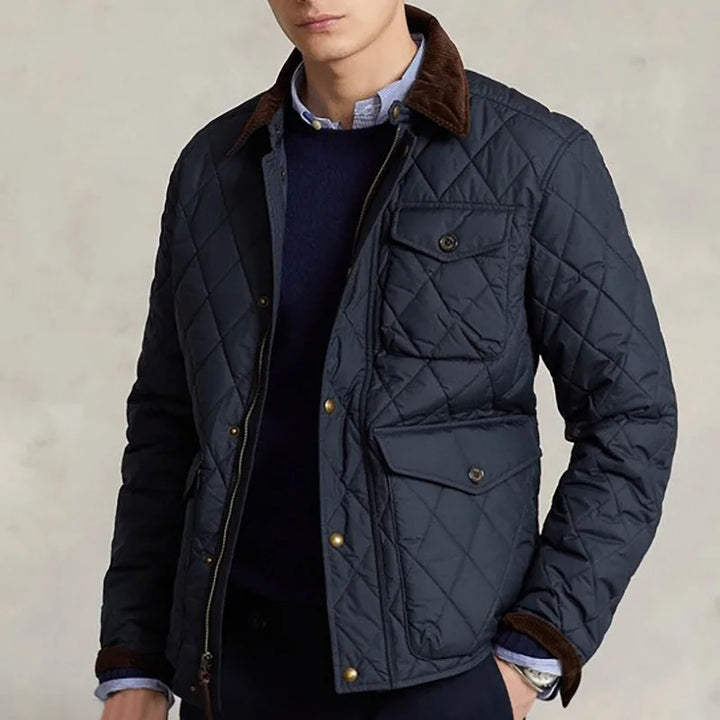 Men’s Navy Quilted Jacket Corduroy Collar - Heston Manor