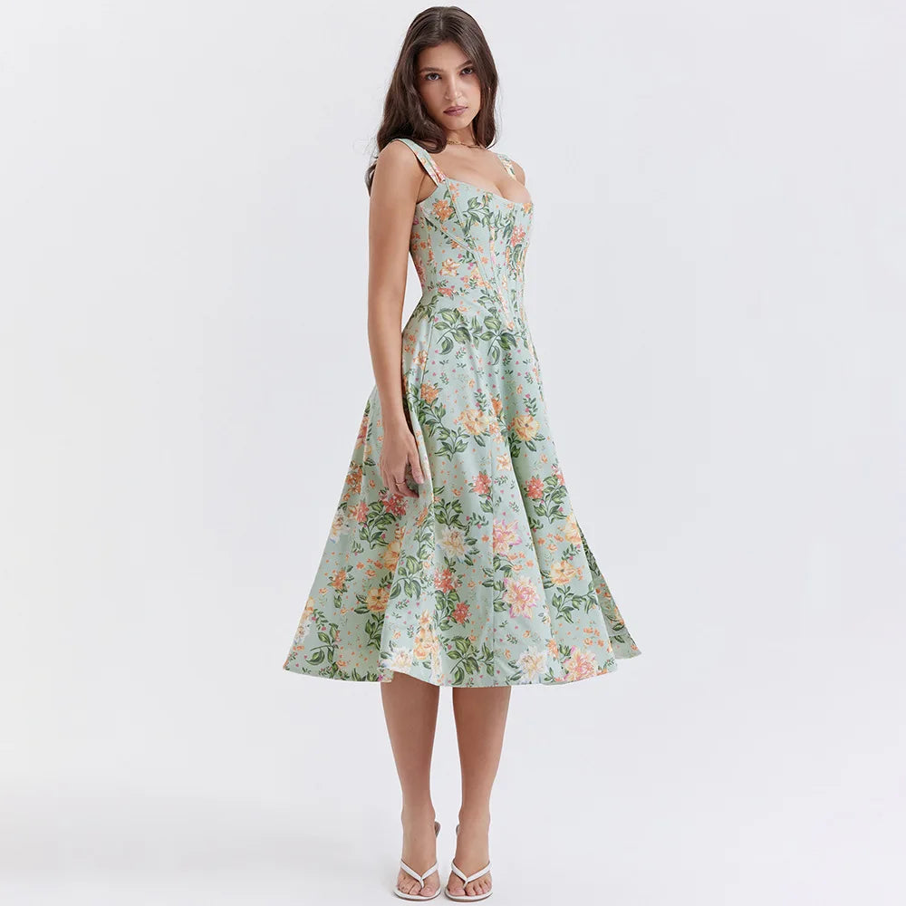 Ladies Printed Sexy Evening Dress Sleeveless Birthday Party Dresses Midi Prom Fishbone Dress Green Girls Prom Gowns 2773 - Heston Manor