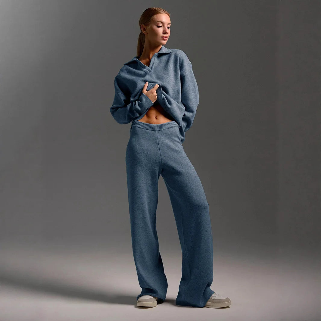Women’s Wide Leg Knit Two-Piece Polo Set Polo Collar - Heston Manor