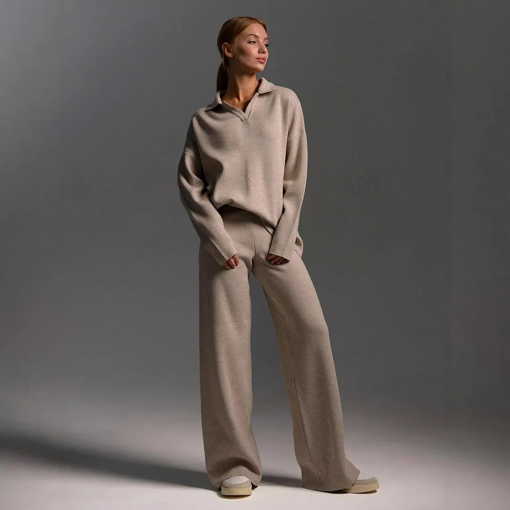 Women’s Wide Leg Knit Two-Piece Polo Set Polo Collar - Heston Manor