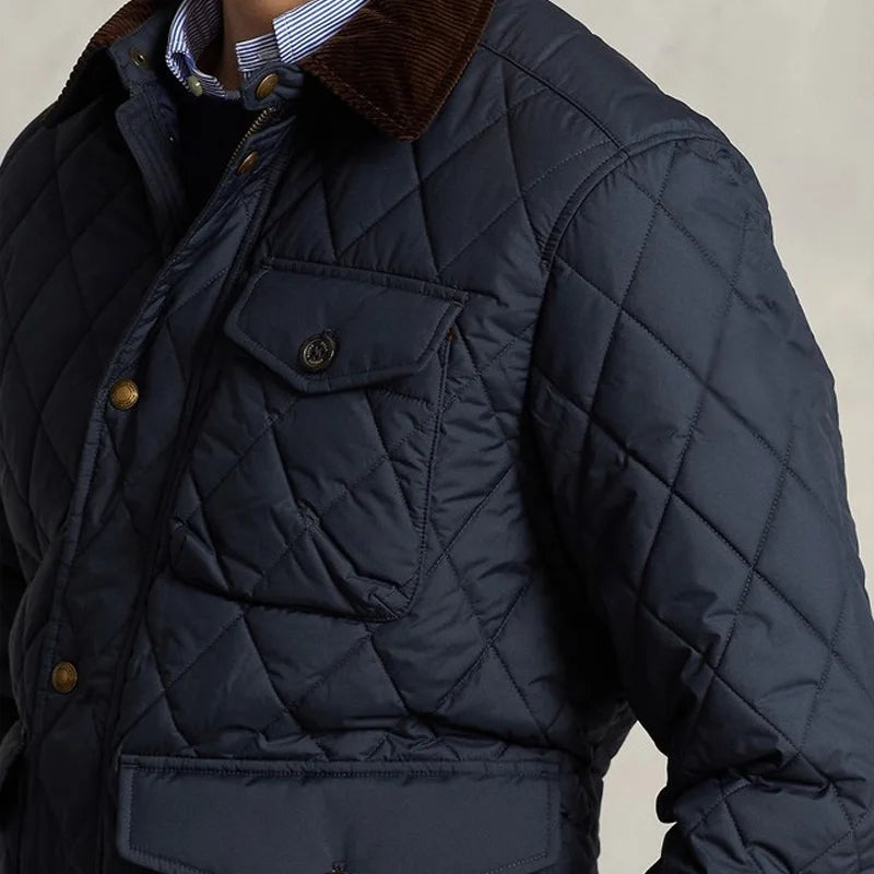 Men’s Navy Quilted Jacket Corduroy Collar - Heston Manor