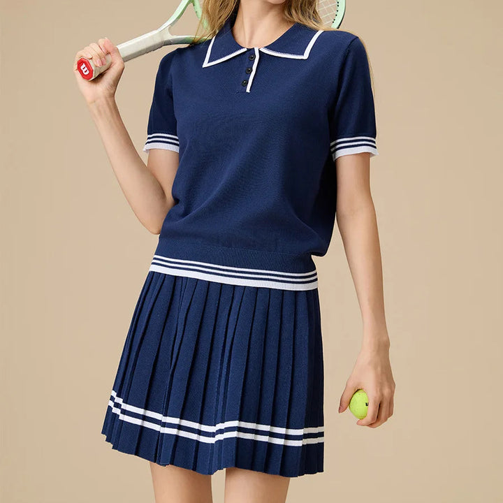 Women’s Navy Knit Two-Piece Tennis Set Polo Collar Pleated Skirt - Heston Manor