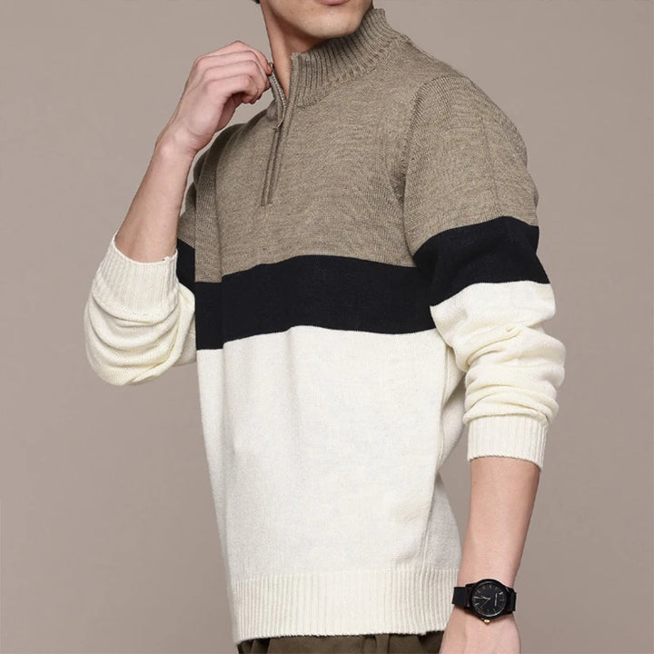High Quality Men's High Neck with Zipper Long Sleeve Classic Basic Style Sweater Striped Pattern Knitted Jumper Autumn - Heston Manor