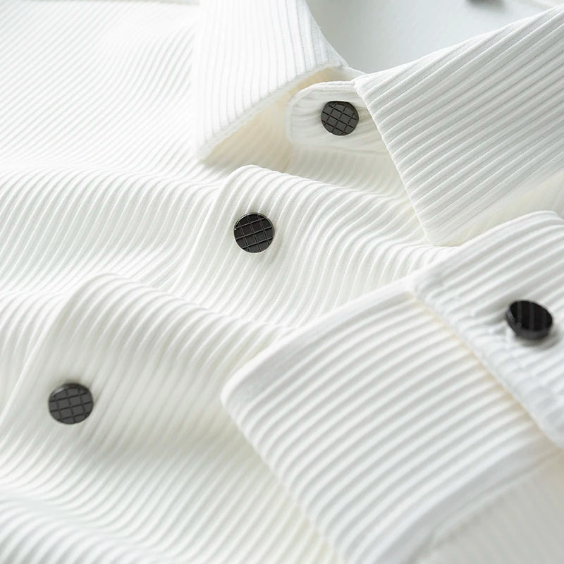 Men’s White Vertical Ribbed Long Sleeve Shirt - Heston Manor